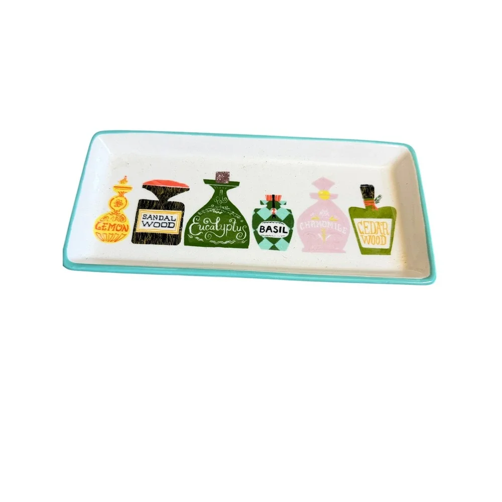 Danielle Kroll Magenta Apothecary Bottle Ceramic Vanity Tray Turquoise Rim 9x4